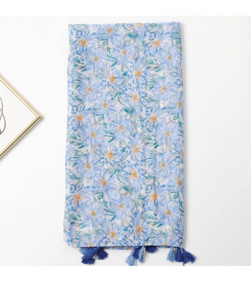 Foulard femme en coton coloris bleu ciel imprimé fleurs - Chapo & Co