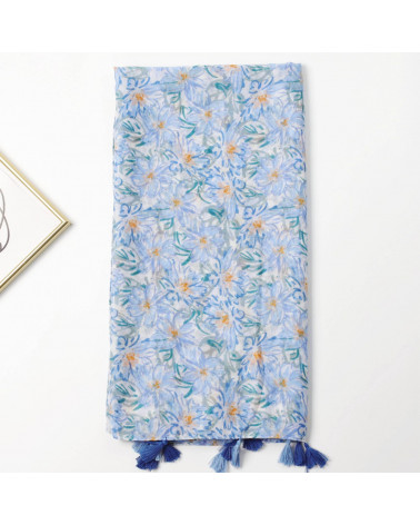 Foulard femme en coton coloris bleu ciel imprimé fleurs - Chapo & Co