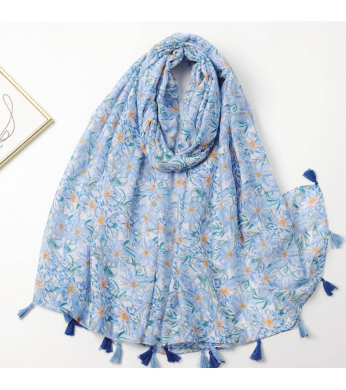 Foulard femme en coton coloris bleu ciel imprimé fleurs - Chapo & Co