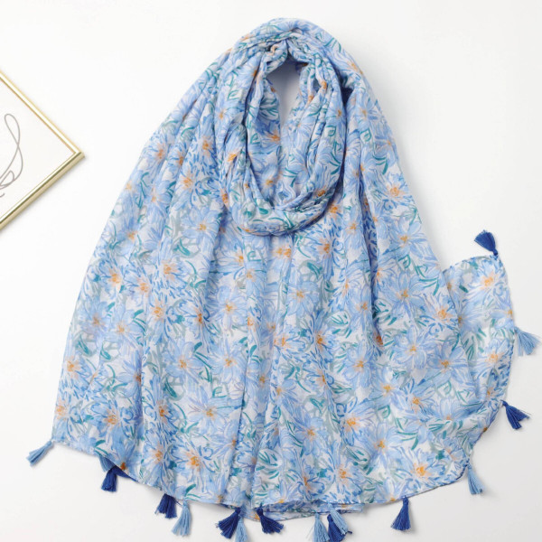 Foulard femme en coton coloris bleu ciel imprimé fleurs - Chapo & Co