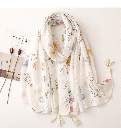 Foulard femme en coton coloris blanc imprimé fleurs - Chapo & Co