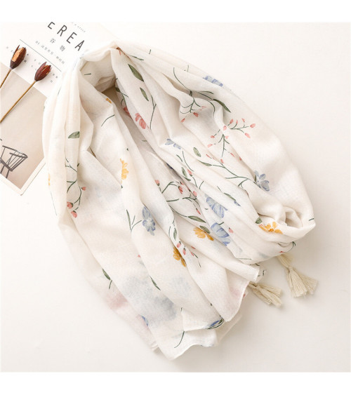 Foulard femme en coton coloris blanc imprimé fleurs - Chapo & Co